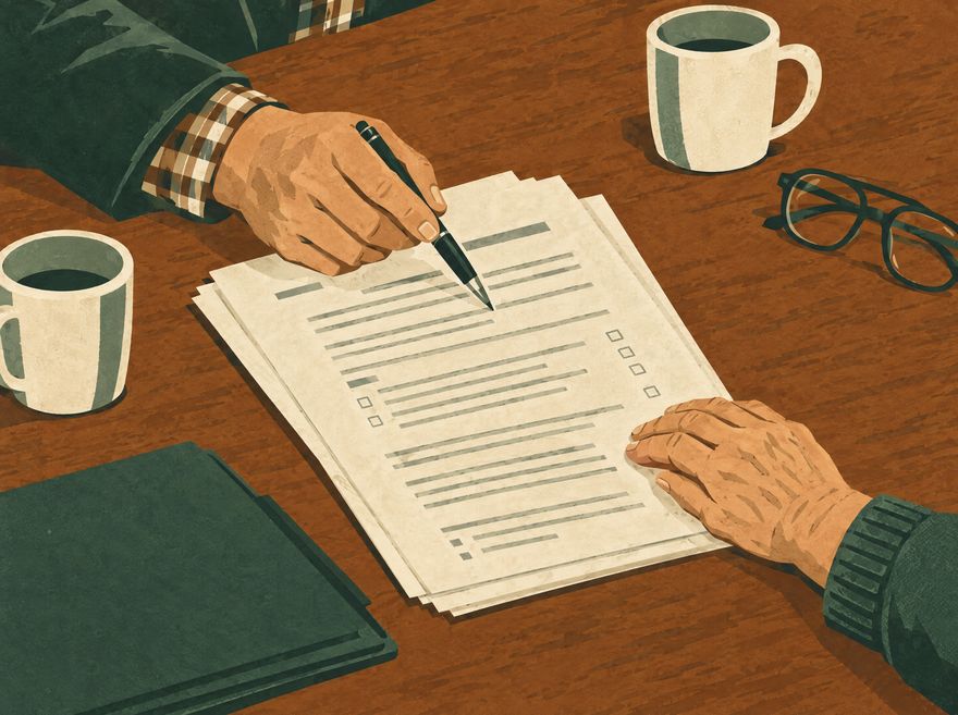 Illustration: going over a written care plan at the kitchen table.