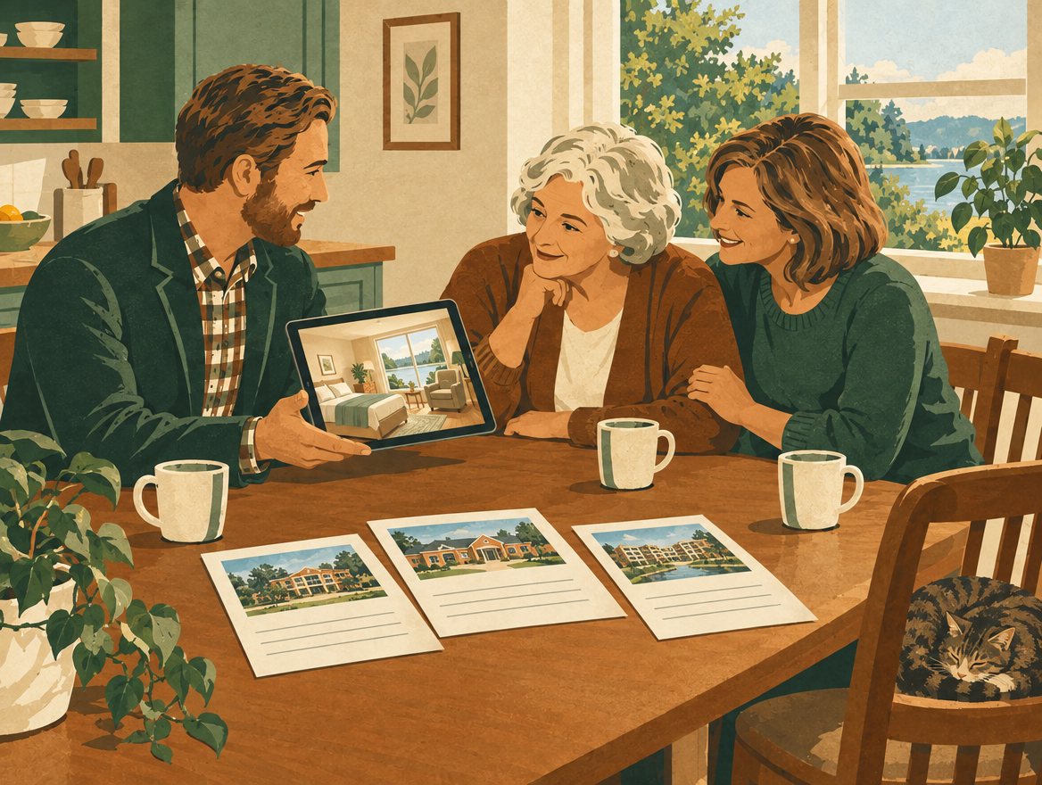 Illustration: Tom at a family's kitchen table, showing them a 3D tour on a tablet, with printed community profiles on the table.