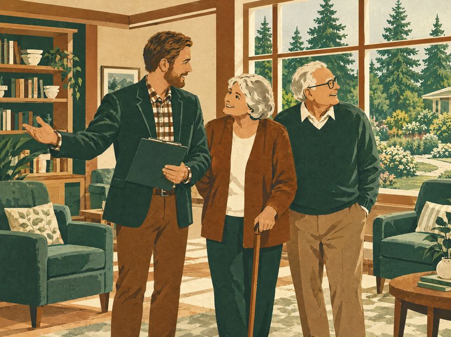 Illustration: Tom showing an older couple around the common room of a care home.
