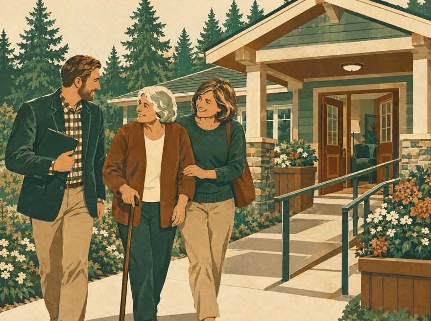 Illustration: Tom walking a family through a care community.