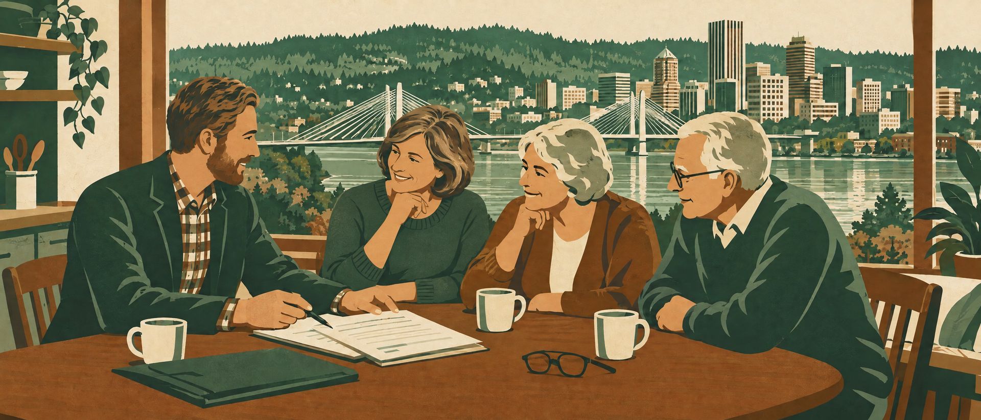 Illustration: Tom at a kitchen table with an older couple and their daughter, going over a care plan. Out the window, Tilikum Crossing and downtown Portland.